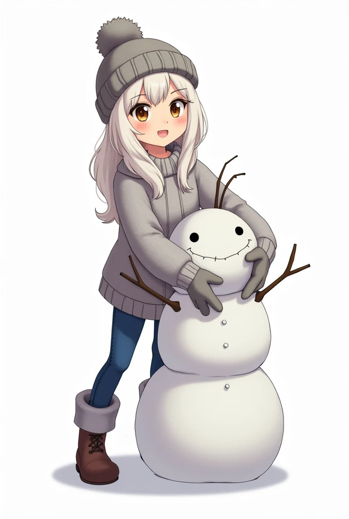 Illustration of a whimsical  with long white hair braided in a braid, expressive eyes and a happy smile. She is dressed in a knitted hat, sweater and jeans, with boots on her feet. She is standing and hugging a snowman.