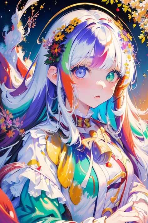  One girl ,  young girl, Curly Hair, bangs,  twin tails,  side tail, ( Heterochromia ),  Women, Santa Claus Clothes, (( detailed face )), (( close)),  colorful な背景, ( colorful ), ( lots of flowers )