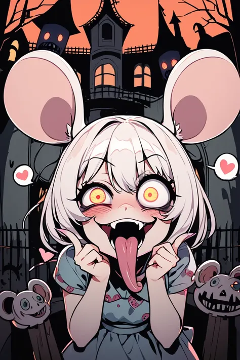 1 girl, open mouth, (one eye closed), smile, blush, stick out tongue, mouse ears, crazy eyes: 1.2, long tongue, fang, horror, haunted house, glowing eyes, amusement park, kawaii, heart spoken,