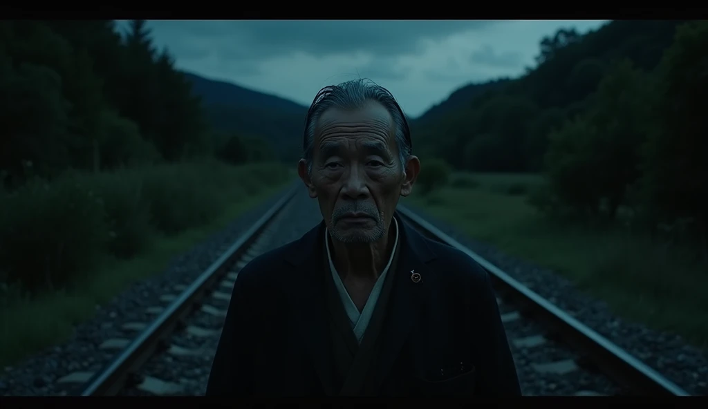 Live action, Japan, midnight, along a railroad track in the countryside, a Japanese uncle is looking at us. Close-up. Eerie atmosphere, dark throughout.