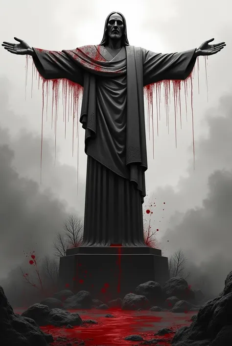 Christ the Redeemer in black and white with blood and thats scary