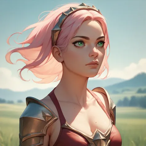 A Girl with slim, fairly curvaceous body, short Light Pink hairstyles, and green eyes, and beautiful breasts as ahe  was wearing a red bikini armor on the field