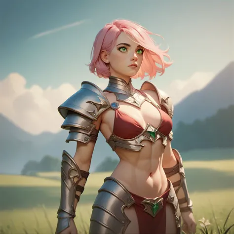 A Girl with slim, fairly curvaceous body, short Light Pink hairstyles, and green eyes, and beautiful breasts as ahe  was wearing a red bikini armor on the field