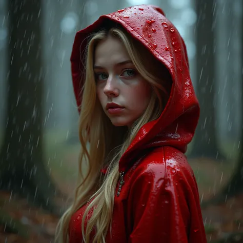 (( RAW photo), absurdo,   VERY pretty blonde TEENAGER with a sexy and mysterious touch of a 15-year-old Red Riding Hood, her red costume shines as if she were a FAIRY ,  general plan full body  ( absurd resolution)),  masterpiece,  better quality ( Extreme...