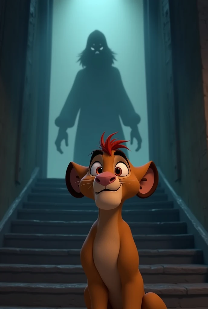 "A close-up of Leo, the little lion, looking up the staircase with wide, frightened eyes. The ghostly figure looms above him, partially obscured in mist. The scene has a Pixar-style aesthetic with soft lighting and expressive features."
