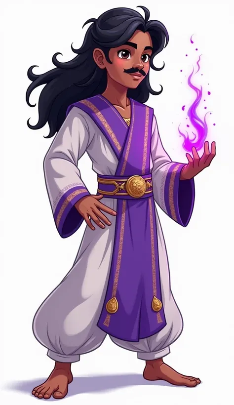 Anime style illustration , young boy with brown skin and muscular physique , wearing purple and white arabic indian vibe outfits , long black hair , nice moustache , handsome , holding a purple hologram of cosmics  , his body is glitching , white backgroun...