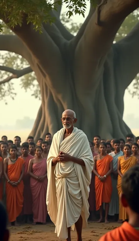 Gandhi addressing a gathering of Indian villagers, simple dhoti, early 20th century, under a banyan tree, teaching non-violent resistance, surrounded by attentive listeners, hyper-realistic photo realism, cinematography, medium shot.