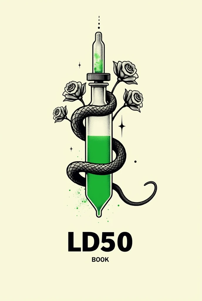 Generate a minimalistic book cover, ink image of a ampoule with a bright green liquid  wrapped around with snake and roses. cover illustration. In the middle of cover, in large font, is the name "LD50". The background is light cream, enhancing the contrast...