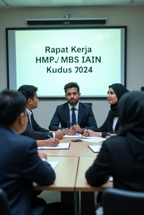 A group of students from the Sharia Management study program are having a meeting to discuss the work program in a class with a whiteboard that says "Rapat Kerja HMPS MBS IAIN Kudus 2024"