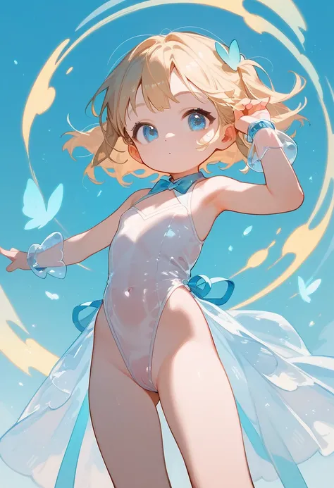 Cute, loli, young, blond hair, light blue eyes, leotard, transparent, see-through, pose