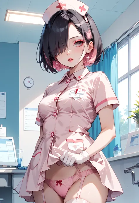 ((masterpiece, best quality, ultra detailed, high resolution, detailed facial description)), (1 girl, solo), (nurse uniform, nurse costume, black costume:1.3), (short hair, hair over one eye:1.3), (black hair, pink inner color hair:1.3), (pink underwear, s...