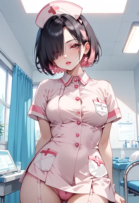 ((masterpiece, best quality, ultra detailed, high resolution, detailed facial description)), (1 girl, solo), (nurse uniform, nurse costume, black costume:1.3), (short hair, hair over one eye:1.3), (black hair, pink inner color hair:1.3), (pink underwear, s...