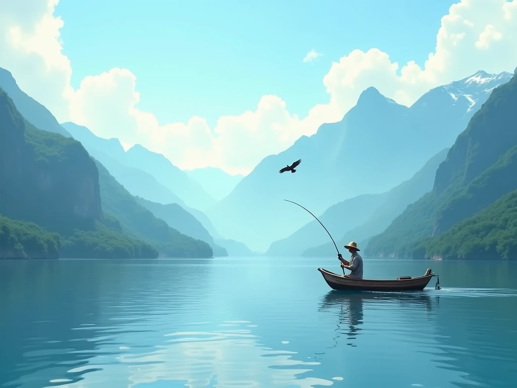 Shows the scenery of water and mountains，There is a small wooden boat on the surface of the water，The boat is far，A man is fishing with a hat and a bamboo pole，The weather is great，There is an eagle flying in the distant sky，The weather is great，The overal...