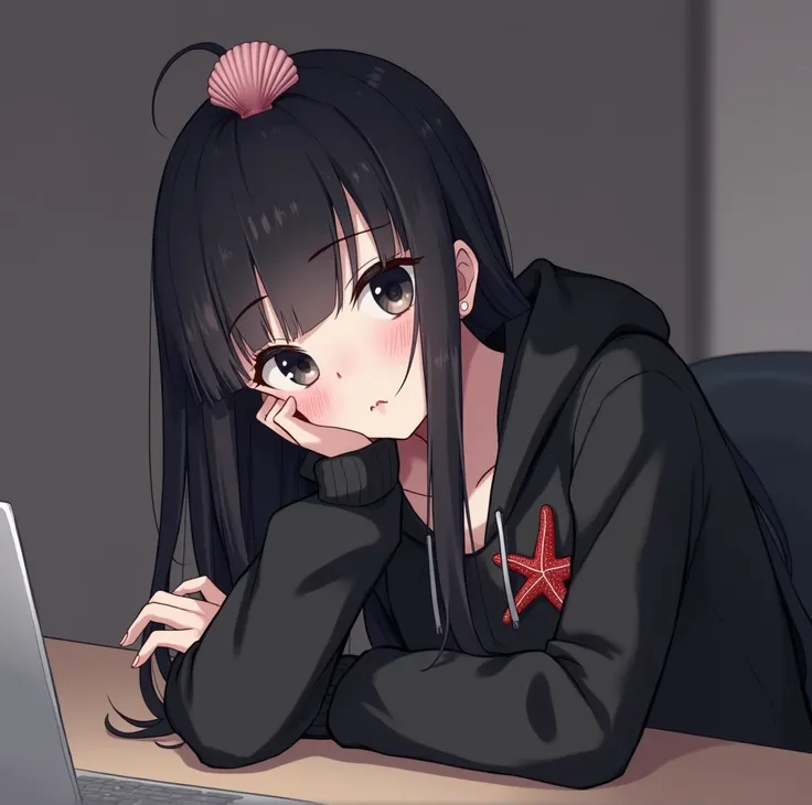  The girl with long black hair is looking straight ahead when shes sleeping on her desk .
 she wears a black hoodie and a small red starfish arrangement on her left chest .  her eyes are black and have cherry-like lips; . She has cool eyes, and ,  has a sm...