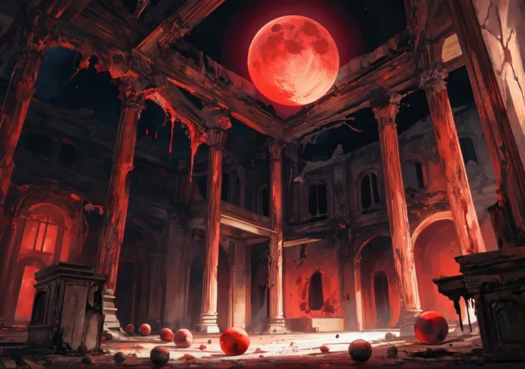 Ruins of a collapsed mansion,  dark night sky, Blood Moon,  overall design ,  A giant blood orb floating in the air, Dark Red Orb  ,  Marbles in the center of the screen 