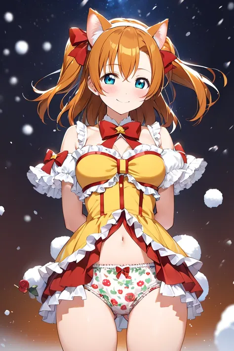 full blush,sulking,kousaka honoka,zettai ryouiki,{{{{{print elasticized cotton panties}}}}},{{{{{frilled cotton panties}}}}},arms behind back,lovelive,snow,face focus,open legs,arms up,smile,cat ear,gigantic chests,