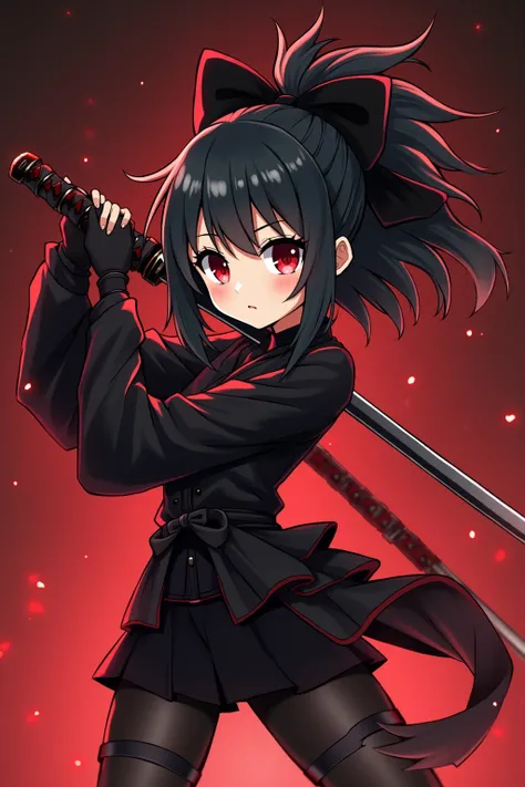 chibi, anime girl with sword and red eyes in black outfit, she is holding a katana sword, katana, katana zero video game character, dramatic wielding katana pose, katana zero, holding katana, unsheathing her katana, anime style 4 k, badass anime 8 k, anime...