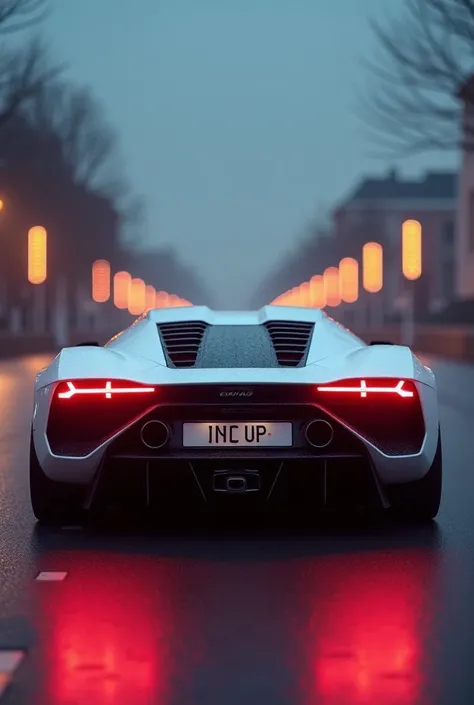 A high resolution image of 2025 white Lamborghini  the image of the 
the back view and showcasing a futuristic and sleek artists redesign. The car is positioned with its striking taillights illuminated, set a big white shoroom streetlights at dusk. The des...