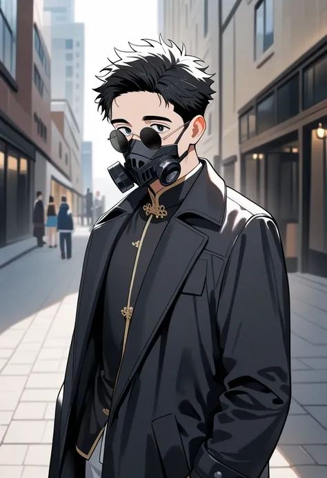 very awa, masterpiece, best quality, newest, highres, absurdres,1boy,manga,rpg,male focus,17 old boy,teenage,tareme,opaque sunglasses and round eyewear,machine mask,mask is cover the mouth,solid round eyes,very long sleeve cheongsam coat,long sleeve cheong...