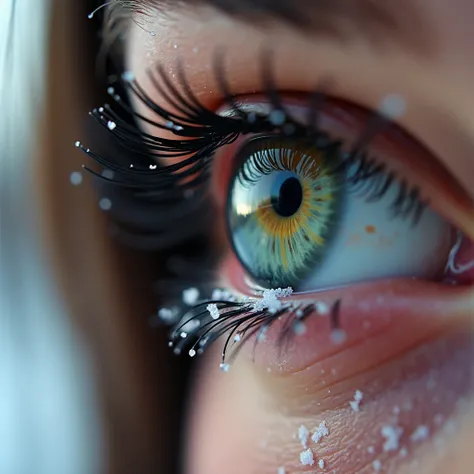  beautiful female eye with long eyelashes,  on which big white snowflakes fall .  brown hair , green eye with sky reflection . goodbye in the alley ,  masterpiece fails,  top quality ,  the worlds best professional camera 