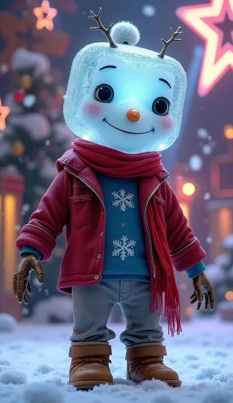 An adorable humanoid ,  with a head made of translucent ice who shines softly under the ,  detailed with large and expressive eyes ,  carrot nose and a delicate charcoal smile . Your body is human,  lights wearing a blue sweater with snowflake patterns and...