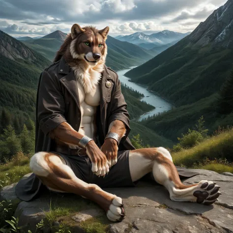 score_9, score_8_up, score_7_up, score_6_up, brown wolverine, male, with mane, fighter, shorts, anthro, sits, human-like hands, (detailed background), nature, in the high mountains, white fur, (solo), high quality, furred body, paws, handpaw, fluffy, silve...