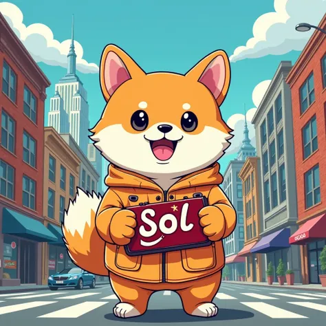 An illustration、 Japanese Cartoons 、Shiba Inu、Holding the SOL brand 、 high quality 、 high resolution 、 wearing the DOGG brand ， in the background and on the streets of New York