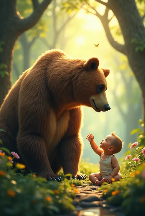 A bear and a baby in the forest 