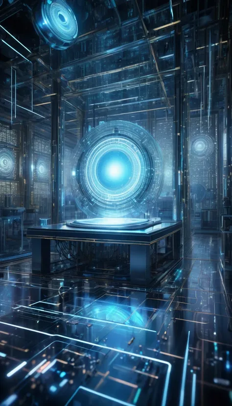 "A futuristic scene depicting the concept of quantum computing. Show a high-tech laboratory with a glowing quantum computer at its center, surrounded by streams of binary code and qubits in superposition (0 and 1 simultaneously). Highlight the intricate de...