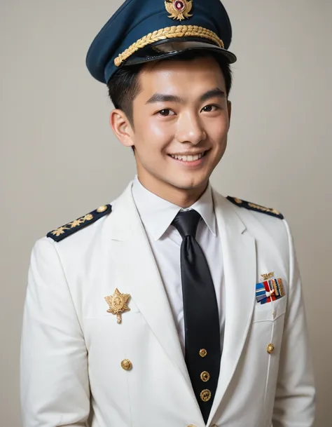 (masterpiece:1.3), (best quality:1.3), (ultra-detailed:1.3), 1boy, Asian man, young man, 20 y o, black hair, smile, potrait photo,  military cap, white collared shirt, black necktie, white jacket, white coat, military uniform, rank, medals, wings, pin