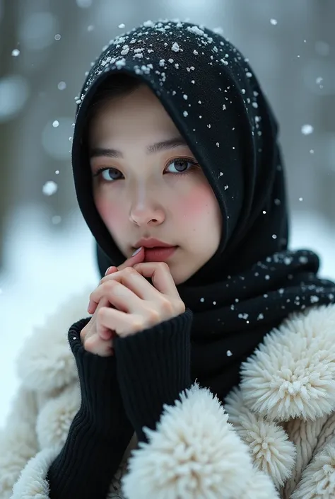  fullface white asian woman wearing black phasmina hijab with rather prominent makeup has graduated eyes.  hijab covered white fluffy coat .  both hands clenched and covered lips .  smooth snow bayak clinging to the coat . baground snowfall .