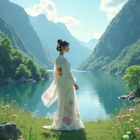 japanese woman wearing a white kimono in a beautiful valley with a lake