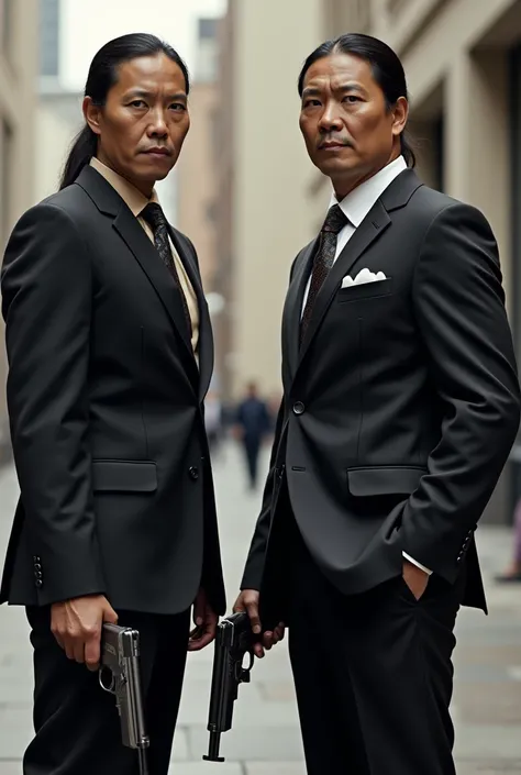  Two Native American decendants in suits , With guns  