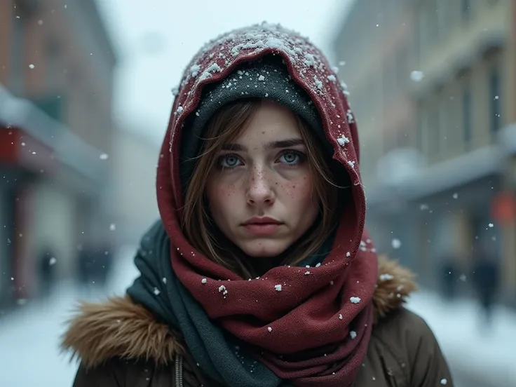 30 year old homeless woman with a scarf on her head and a hood on, her scarf and hood are torn, Her clothes are torn and dirty. she has a sad face, she is not a beautiful woman, a character portrait by Daryush Shokof, featured on cg society, art photograph...