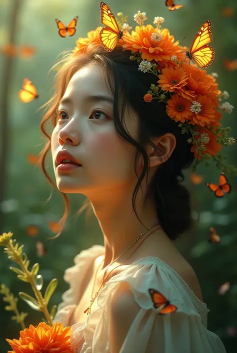 Surreal portrait, blending with nature Beautiful  girl, flowers growing from hair, butterflies, enchanted forest, soft light, vibrant colors, orange and green palette, otherworldly atmosphere, photorealistic, high detail, fantasy art, dreamy quality, digit...