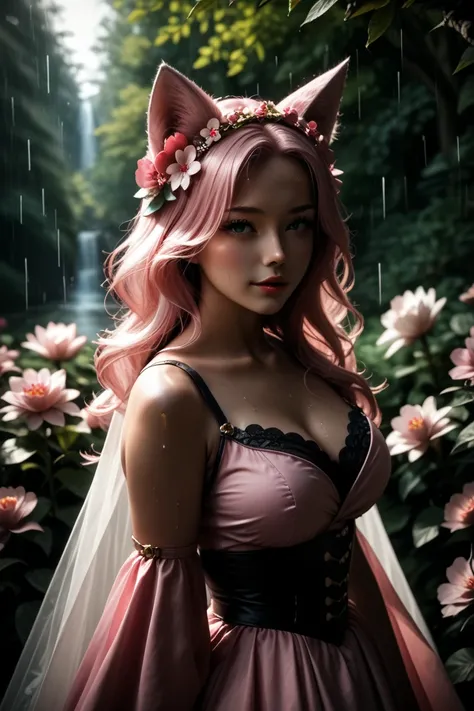 Nine Snow White Fox Tails (1.0), Milky Fox Tail (1.0), Nine-tailed fox close-up, Nine Tail, Nine Tail, Anime girl with pink hair and pink dress with flower decoration, very Beautiful anime fox girl, Beautiful anime fox girl,  BEAUTIFUL FANTASY ANIMATION , ...