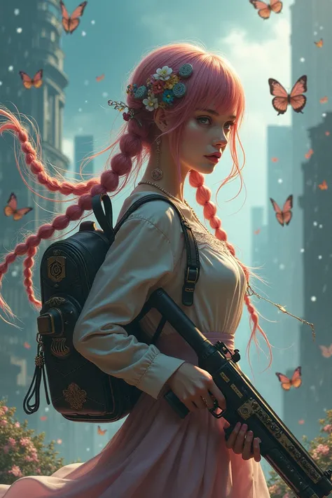  brush stroke beautiful sky rain clouds falling horoscope stones  ,building urban ,  bird,   butterfly ,   with supporting ornament ,  a beautiful girl wearing Harajuku style clothes  ,  Braidfall grey pink hair ,  wears backpack made of spirit box with co...