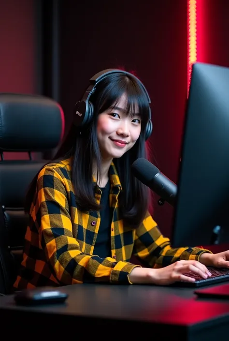 A 25 year old girl sitting in front of a computer desk with a mic and laptop.He is wearing a black and yellow checked shirt and has black hair against a black themed background. The room should be big and black in theme and also with some red lights and al...