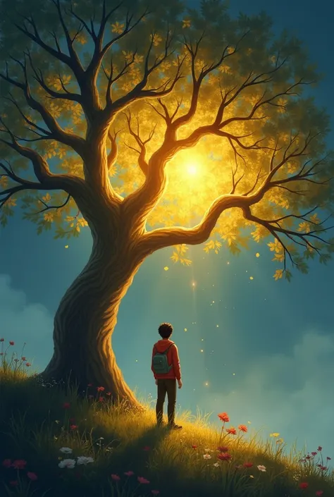 Ritesh pauses and thinks deeply. He touches the tree and says, “I wish for my friends to always share their happiness with me, and for us to stay close forever.” The tree glows brightly and shakes its branches, as if acknowledging his pure wish.