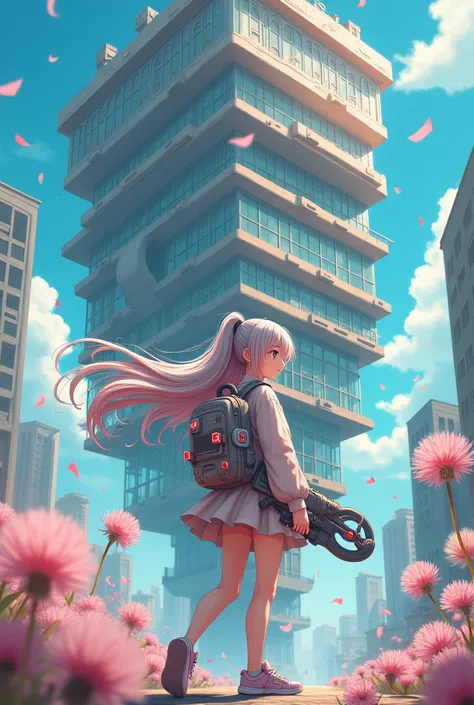 Askew view building urban, dandelion serbuk berterbangan, supporting ornaments, seorang gadis cantik face cute anime memakai pakaian Harajuku style , long hair as if carried by the wind grey pink hair,  wears backpack made of spirit box with control panel ...