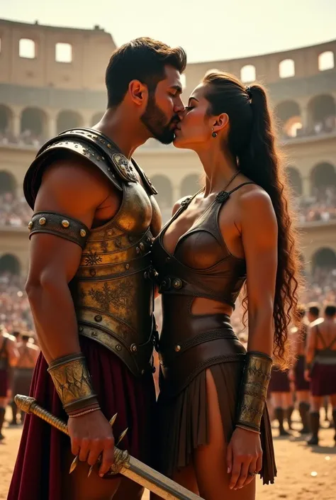 A male gladiator and a female gladiator stand side by side on the Colosseum ground, their bond of love evident as they share a passionate kiss before battle. The male gladiator, muscular and bare-chested, wears bronze armor with intricate engravings and ho...