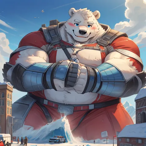 New Jersey 5 Pelzig ，polar bear，，pummelig，Fat，thick arms， strong muscles ，( white plush fur )， pummelig ，  black eyebrows ，sky blue eyes，bart，（Knight armor  ，red coat），(Blush:1.1)，Blush，smile，sweat，（ highly tuned  ）， Western castle background，stone walls，8...