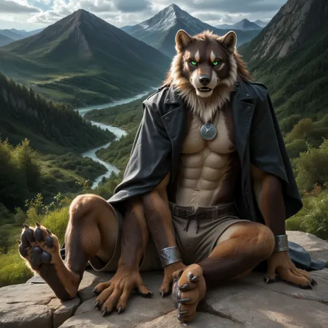 score_9, score_8_up, score_7_up, score_6_up, wolverine, male, with mane, fighter, shorts, anthro, sits, human-like hands, holds his tail in the and, (detailed background), nature, in the high mountains, fur, (solo), high quality, furred body, paws, handpaw...