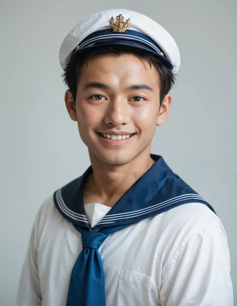 (masterpiece:1.3), (best quality:1.3), (ultra-detailed:1.3), 1boy, Asian man, young man, 20 y o, black hair, smile, potrait photo,  wearing sailor uniform, white sailor uniform, blue sailor collar, blue tie, sailor hat