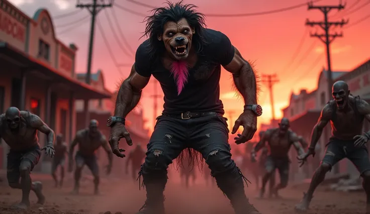 A large, anthropomorphic dog in the middle of a fight against a horde of zombies in a poor border town, at dusk with a deep reddish sky. This dog is tall, skinny, with a leathery appearance, covered in dirty and wild hair that gives a fierce and unkempt ap...