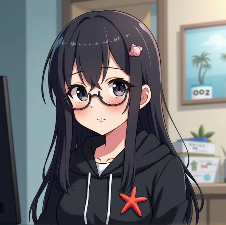  and communicates with viewers beyond the monitor . She has black eyes and round glasses, .  wears a black hoodie, has a small red starfish arrangement on her left chest .
. {x} She has long straight hair that sticks behind her left ear and wears a small p...