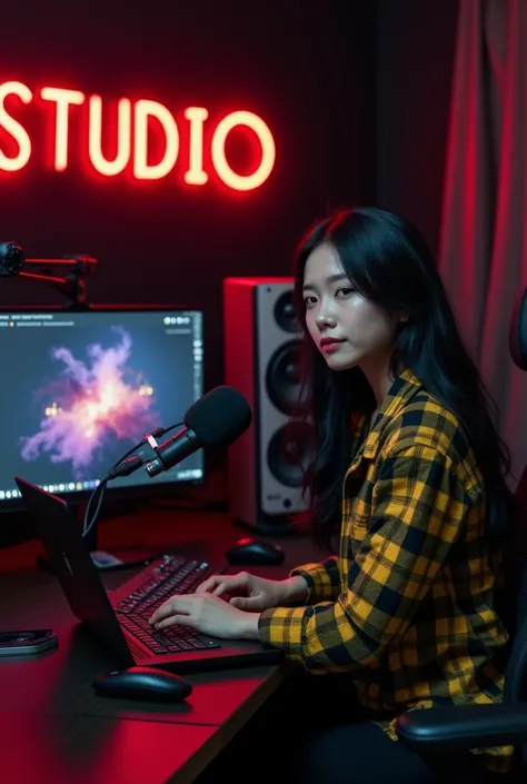 A 25 year old girl sitting in front of a computer desk with a mic and laptop.He is wearing a black and yellow checked shirt and has black hair against a black themed background. The room should be big and black in theme and also with some red lights and al...