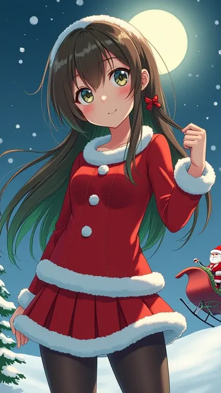  BEAUTIFUL ANIMATED ARTWORK 、chest、Brown hair with green hair 、 cute Santa Claus clothes and mini skirt 、 black pantyhose、Brilliant strong brilliance、Snowy Night、 behind is the shadow of Santa Claus riding a sleigh with the moon in the background、Bloom、2.5...