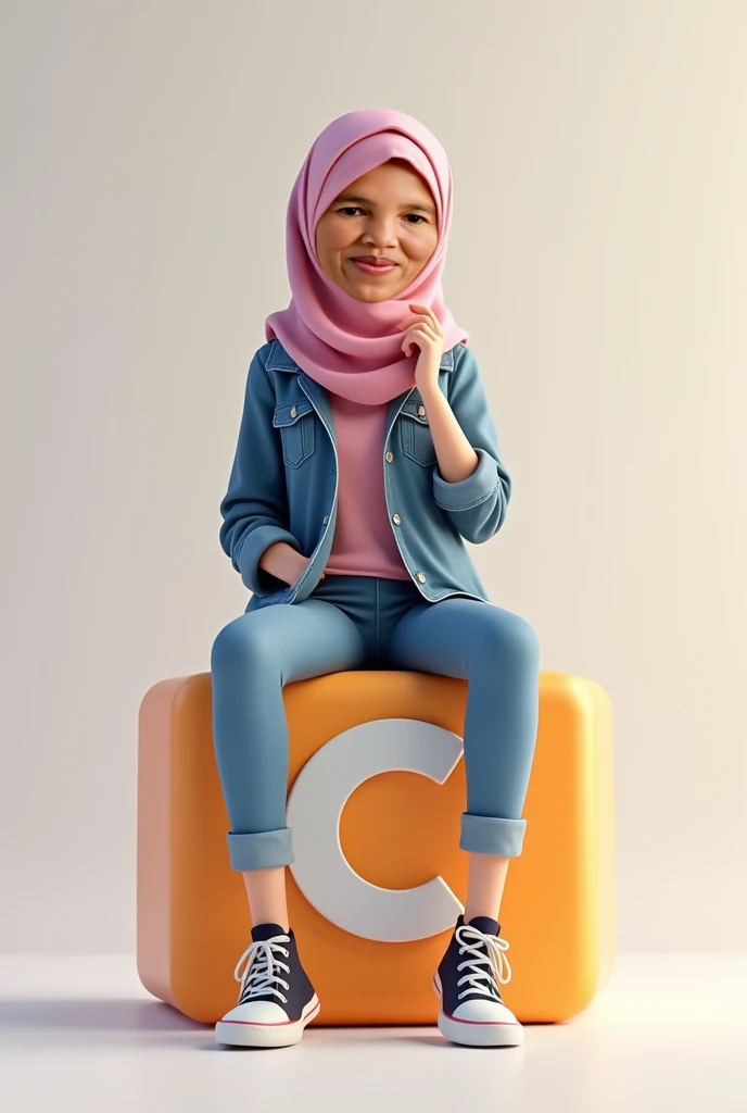 Create a 3D illustration of an animated character hijab girl sitting casually on top of a logo "Cibelong". The character must wear casual modern clothing such as jeans jacket and sneakers shoes. The background of the image is a social media profile page wi...