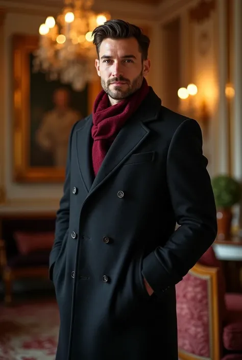 A full-body portrait of a confident man standing with pride and elegance in a luxurious and sophisticated interior space, wearing a stylish dark overcoat and a burgundy scarf, with refined lighting highlighting his poised demeanor, surrounded by ornate dec...